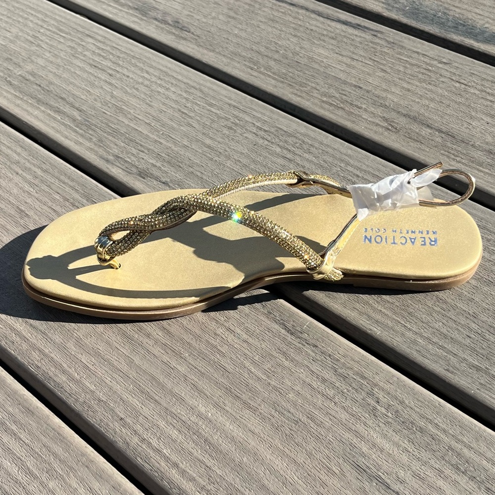 Kenneth Cole Reaction; 'Whitney' Cream/Tan; Gold Rhinestone; Sandals; NWT: 9.5M - Picture 6 of 12